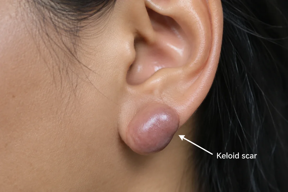 Raised keloid on an ear lobe at an earring site