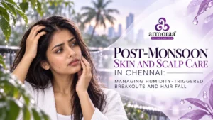 Woman checking oily skin after the monsoon in humid weather