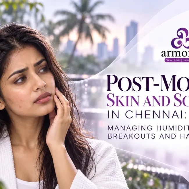 Woman checking oily skin after the monsoon in humid weather