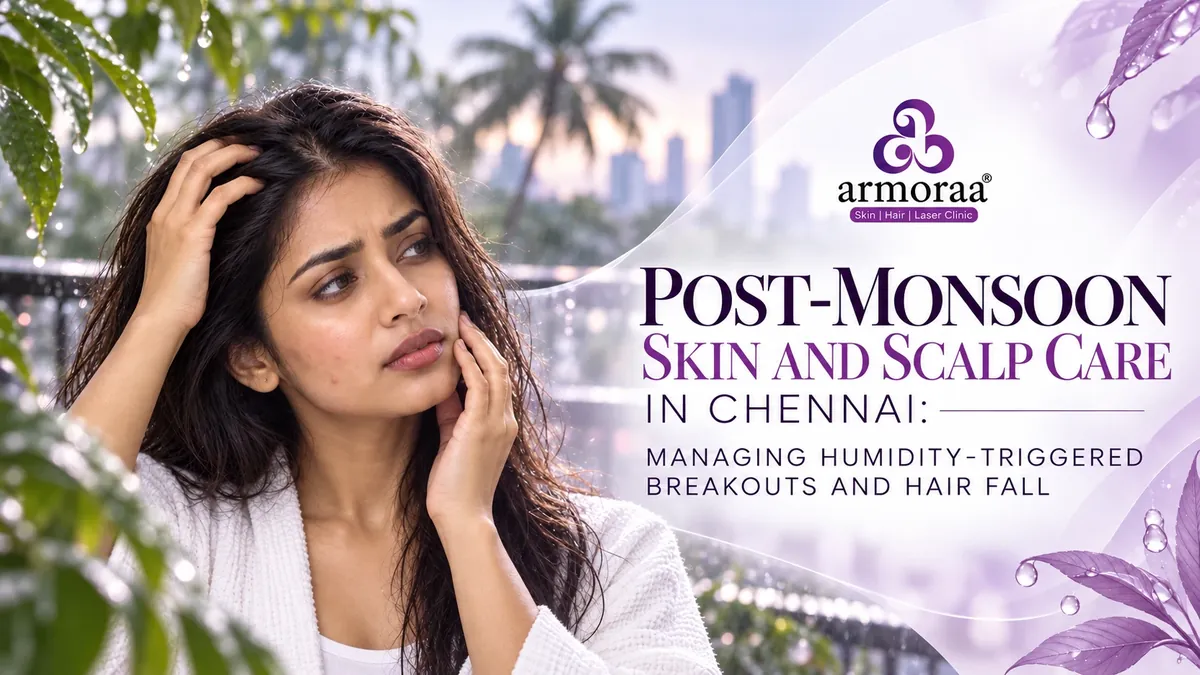 Woman checking oily skin after the monsoon in humid weather